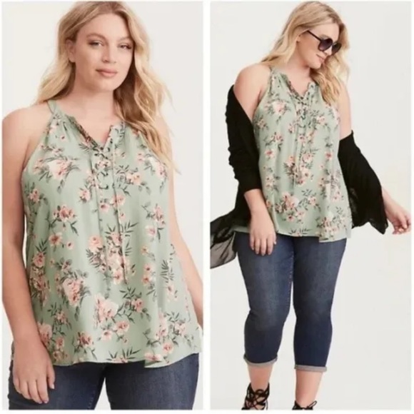 torrid Tops - TORRID 109558 Green Mint Lace Up Floral Halter Tank